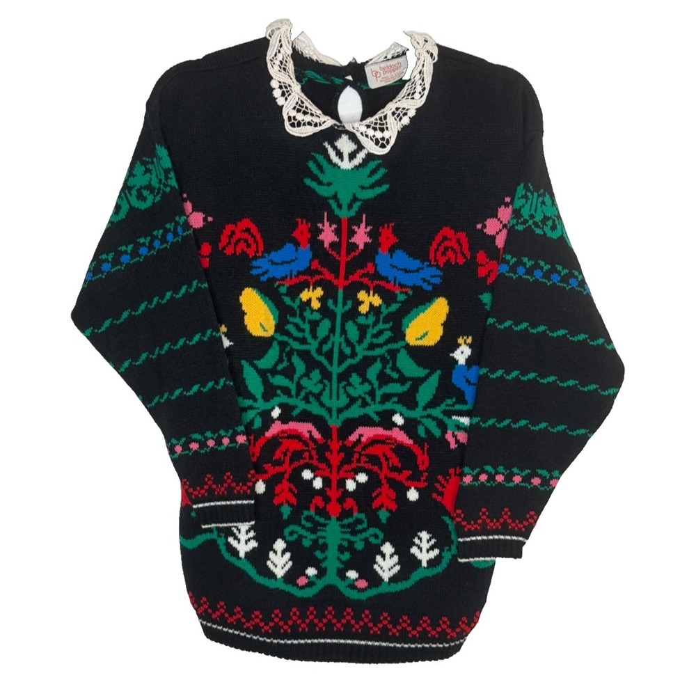 Vtg Beldoch Popper Christmas Ugly‎ Sweater Partridge Pear Tree USA 80s Holiday